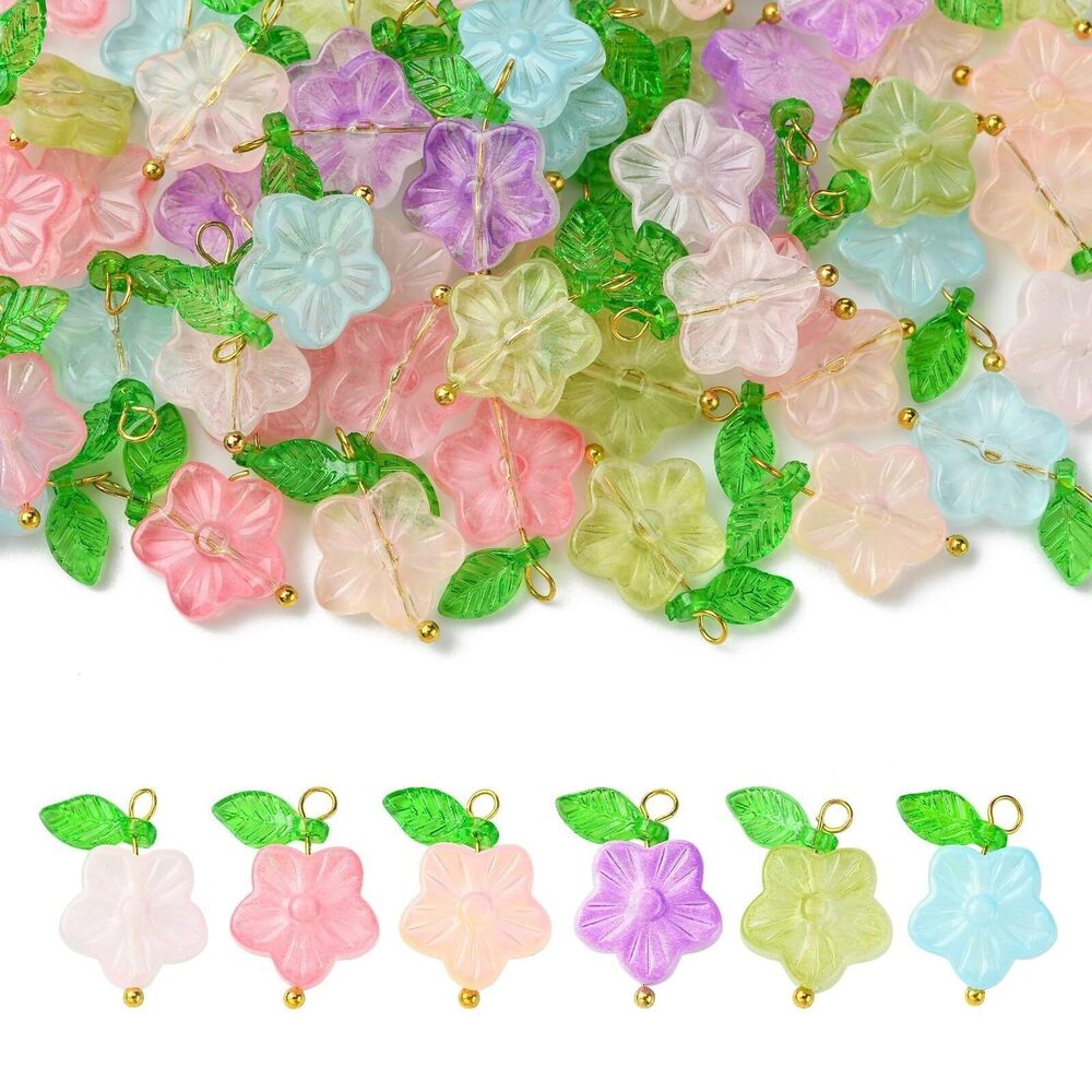 2921 60 Pcs 6 Colors Glass Flower Charms Cherry Blossom Glass Pendant Charm
